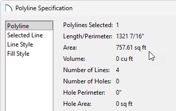 Polyline panel of the Polyline Specification dialog where the Area is listed