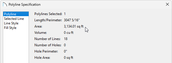 Polyline panel of the Polyline Specification dialog where the Area is listed