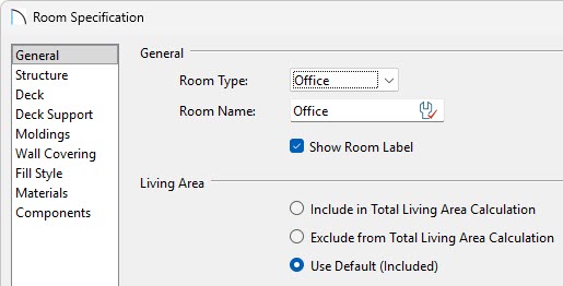 General panel of the Room Specification dialog where the Living Area can be changed