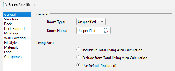 General panel of the Room Specification dialog where the Living Area can be changed
