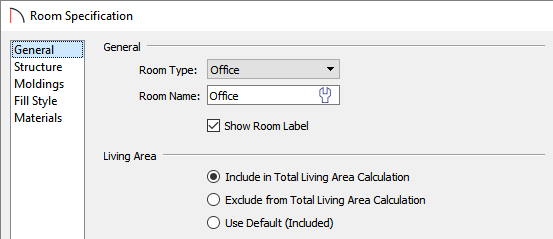 General panel of the Room Specification dialog where the Living Area can be changed