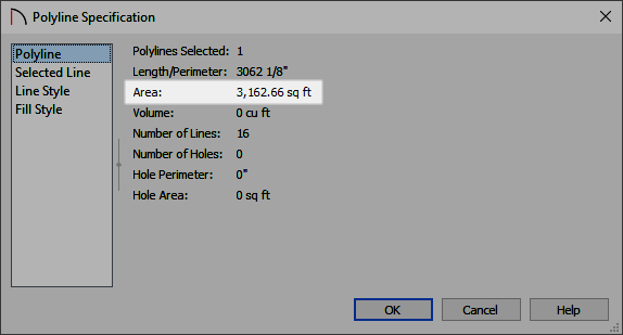 Polyline panel of the Polyline Specification dialog where the Area is listed