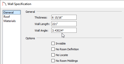 General panel of the Wall Specification dialog