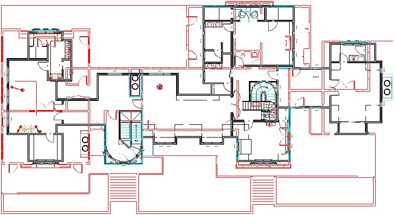 An example of the reference display showing first floor walls in red and aligned walls in cyan.