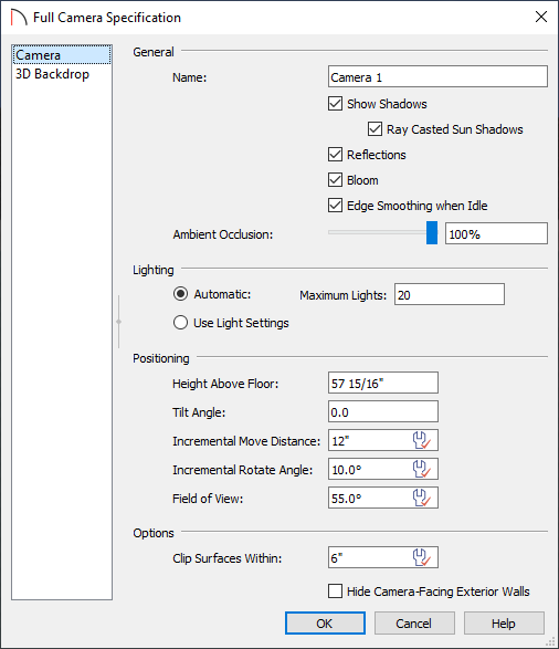 Camera panel where the Positioning options can be changed