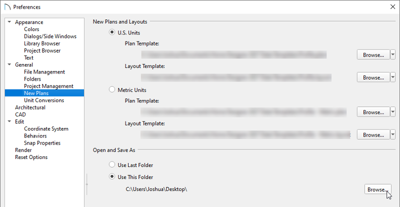 New Plans panel of the Preferences dialog