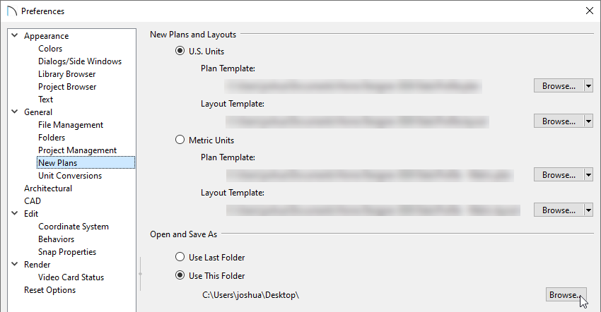 New Plans panel of the Preferences dialog