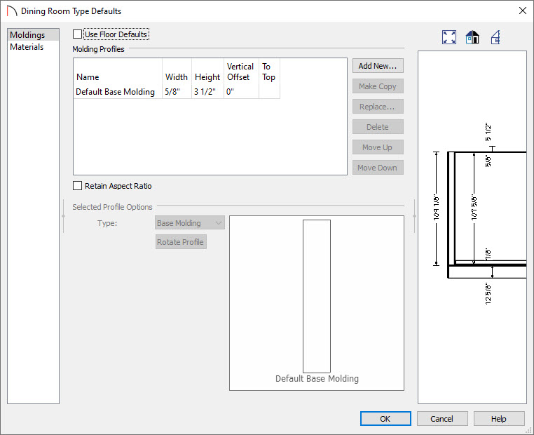 Room type defaults molding panel