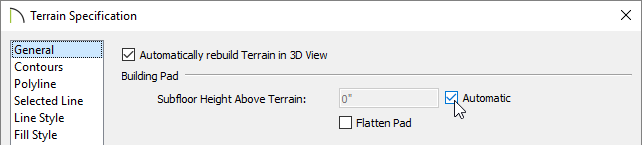 Change the Building Pad settings on the General panel of the Terrain Specification dialog