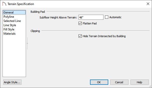 Adjust the distance between the building and the terrain by opening the Terrain Specification