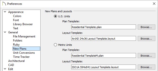 Preferences dialog box - New Plans panel Select the New Plans panel of the Preferences dialog to specify the plana nd layout template