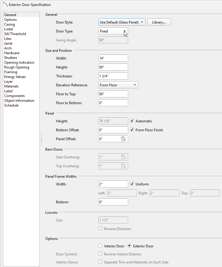 Door specification dialog on the General panel changing the Door Type to Fixed