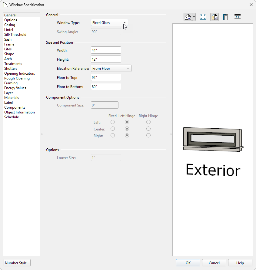 Window Specification dialog on the General panel