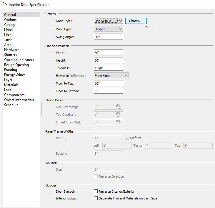 Door specification using the Library button to change the door style on the General panel
