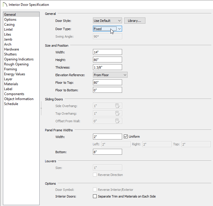 Door specification dialog on the General panel changing the Door Type to Fixed