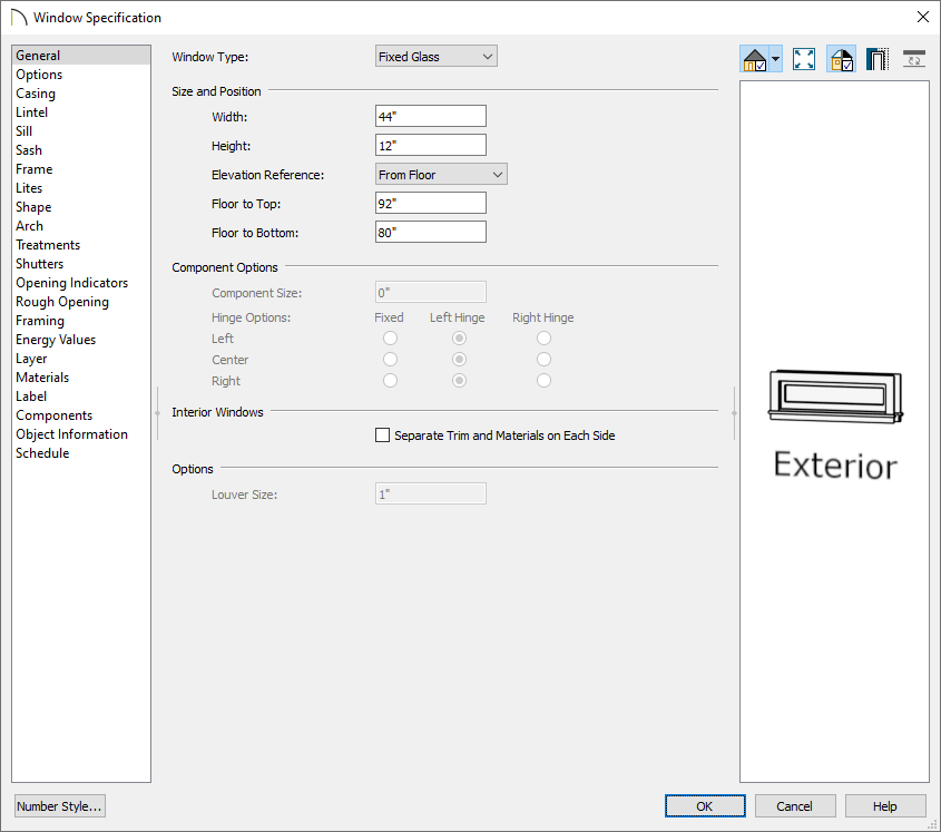 Window Specification dialog on the General panel