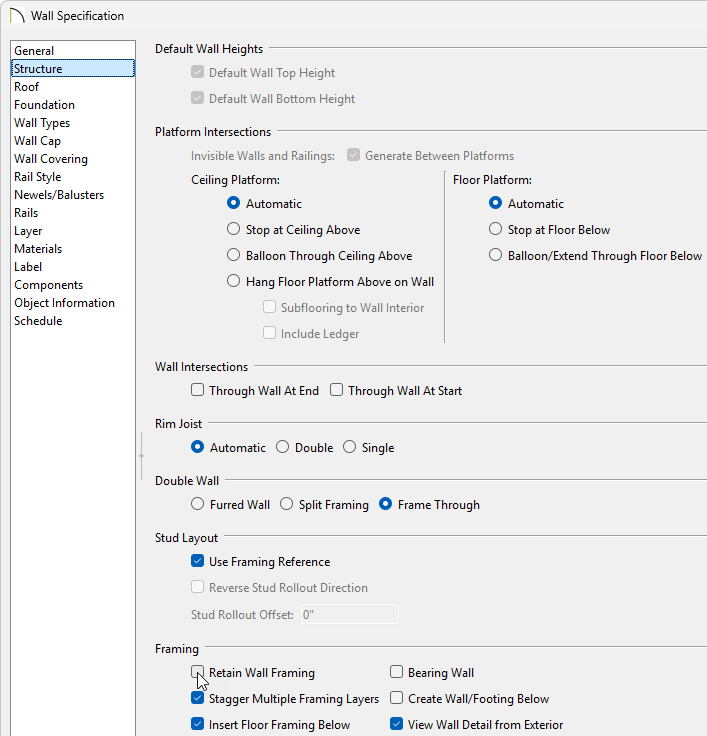 Turn off Retain Wall Framing in the Wall Specification dialog