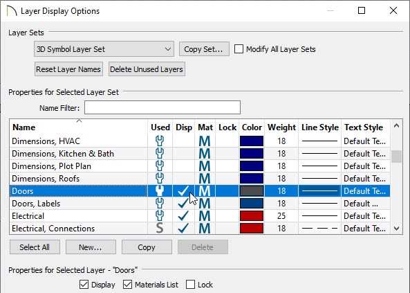 Check the layers you'd like to be displayed in the Layer Display Options dialog