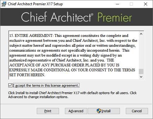 Click the Advanced button in the Setup wizard after accepting the terms of the license agreement