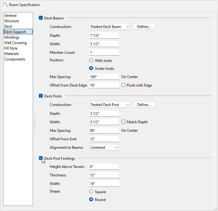 Deck Support panel of the Room Specification dialog