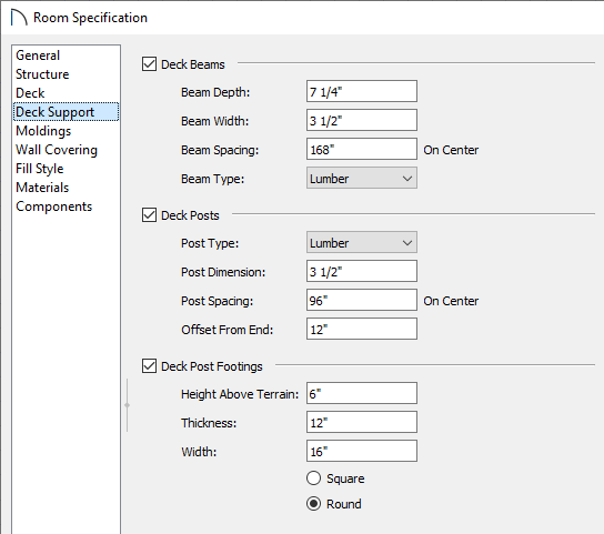 Deck Support panel of the Room Specification dialog