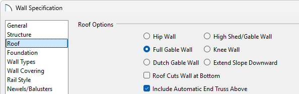 Setting a wall to be Full Gable Wall on the Roof panel of the Wall Specification dialog