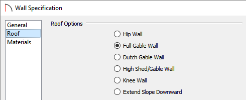 Setting a wall to be Full Gable Wall on the Roof panel of the Wall Specification dialog