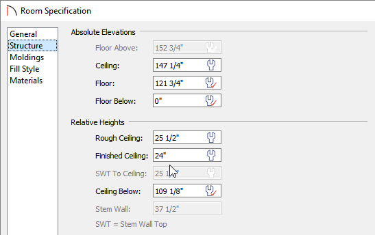 Set the Finished Ceiling value on the Structure panel of the Room Specification dialog