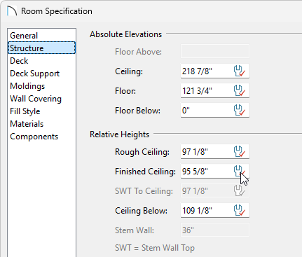 Click the wrench icon in the Finished Ceiling field to reset this back to the default ceiling value