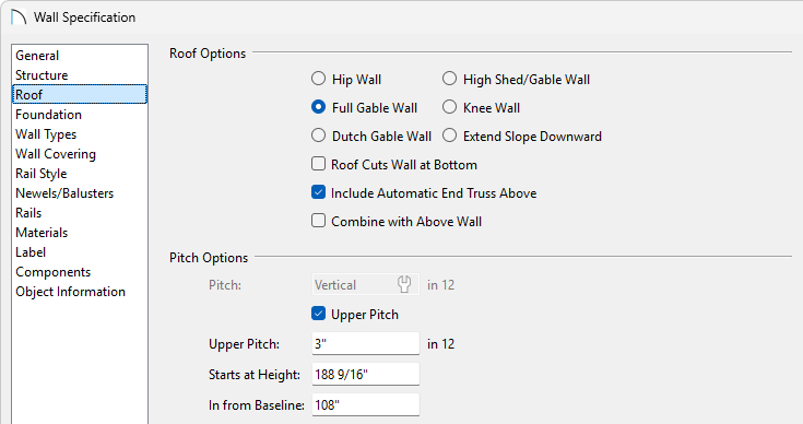 Set a wall to be Full Gable and specify it to have an Upper Pitch