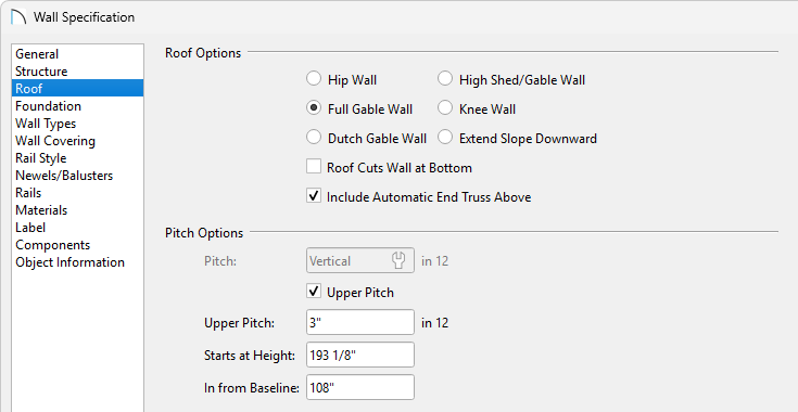 Set a wall to be Full Gable and specify it to have an Upper Pitch