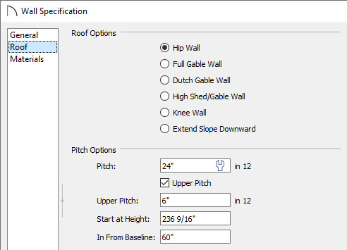 Specifying multiple pitches for a single wall, along with an In From Baseline value of 60".