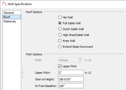 Set a wall to be Full Gable and specify it to have an Upper Pitch