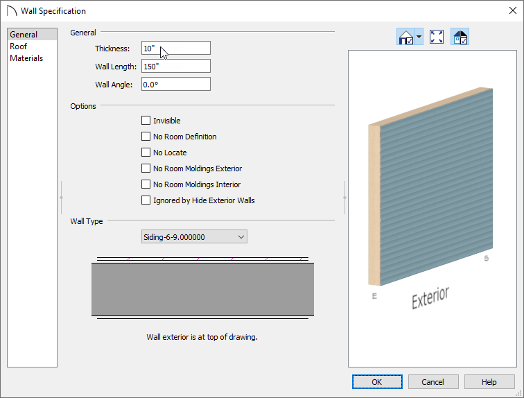 Changing the thickness of a wall in the Wall Specification dialog