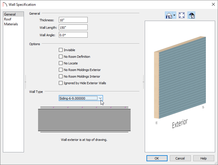 Changing another wall to the new thicker wall using the wall type dropdown in the Wall Specification dialog