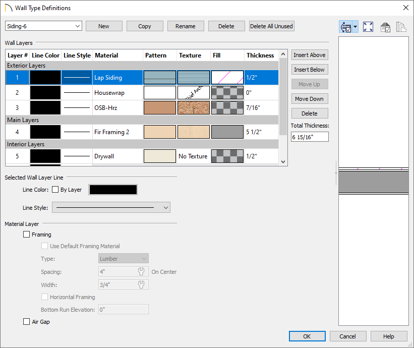 Editing a wall type in the Wall Type Definitions dialog box