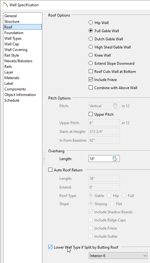 open the wall specification dialogue, go to the roof tab, and select the lower wall type if split by butting roof