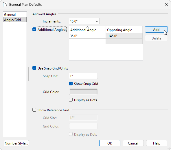 On the Angle/Grid panel of the General Plan Defaults you can add additional Snap Angles.