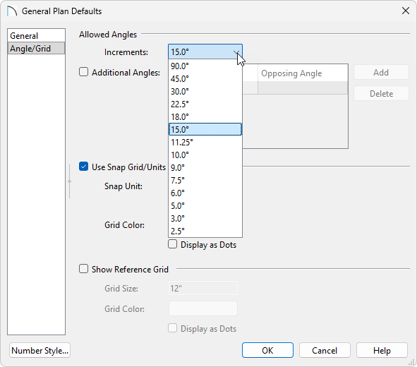 On the Angle/Grid panel of the General Plan Defaults you can adjust your Increments.