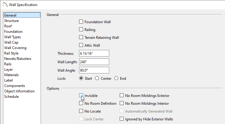 Make sure Invisible is deselected under wall specification