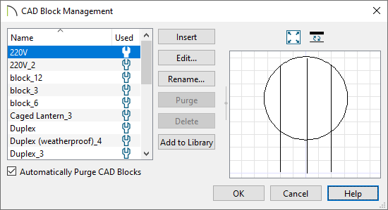 CAD Block Management dialog where CAD blocks can be purged/deleted