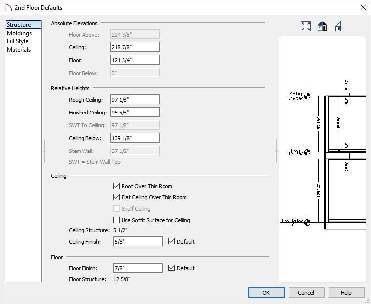 Floor 2 Defaults dialog where floor and ceiling heights can be set