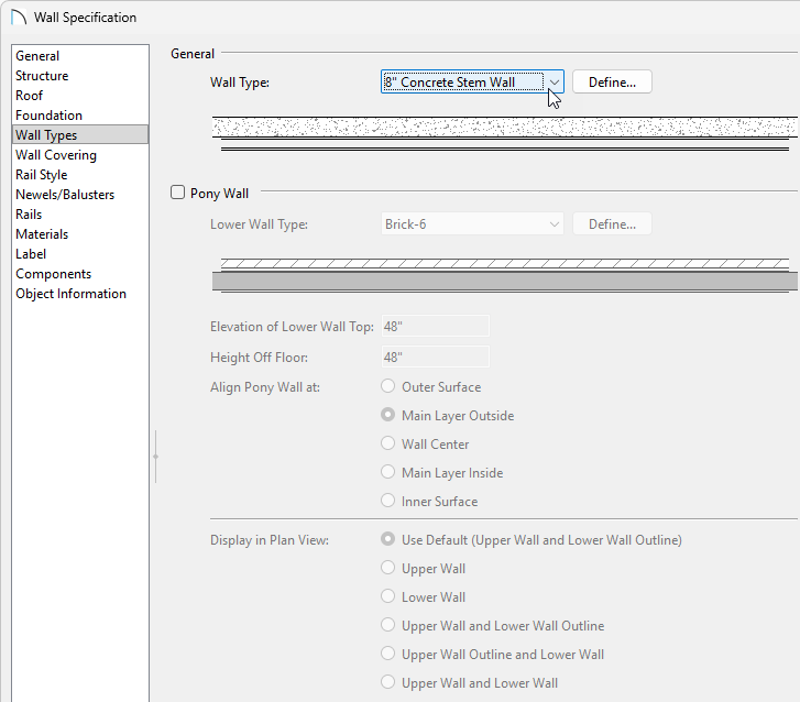 Specifying the newly created wall type to be used in the Wall Specification dialog