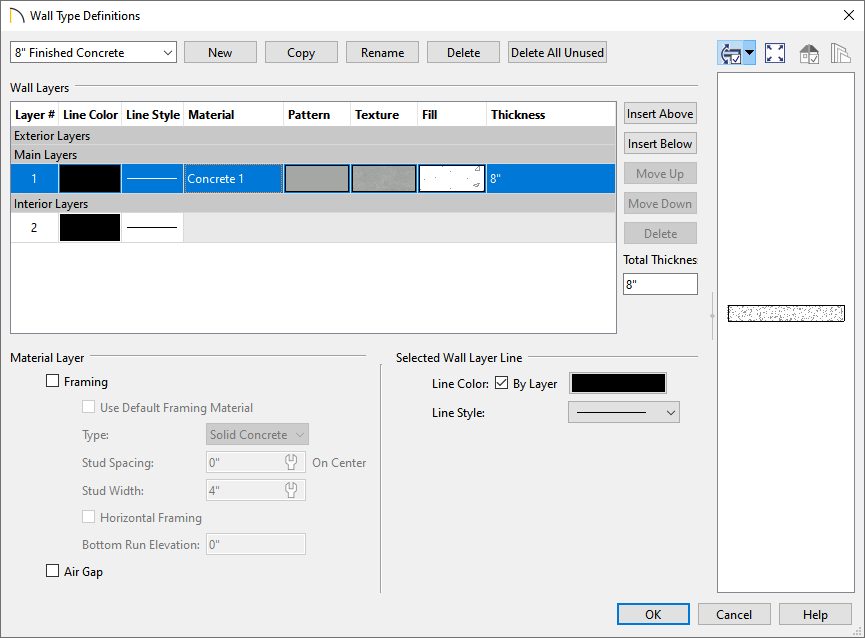 Creating a custom wall type in the Wall Type Definitions dialog