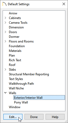 Accessing the Default Settings for Exterior/Interior Walls