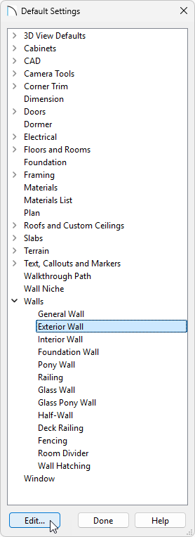 Accessing the Default Settings for Exterior/Interior Walls