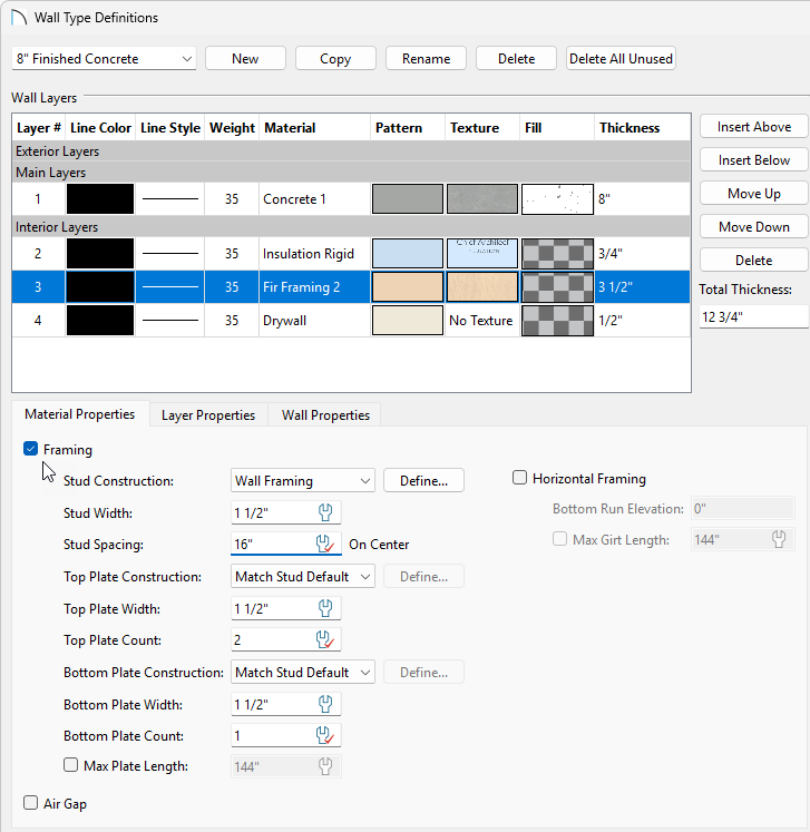 Specifying Layer 3 to be Framing using the Material Layer section