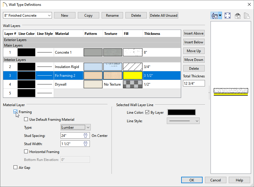 Specifying Layer 3 to be Framing using the Material Layer section