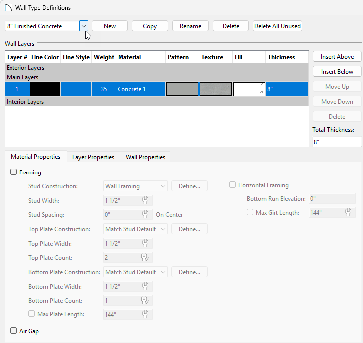Creating a custom wall type in the Wall Type Definitions dialog
