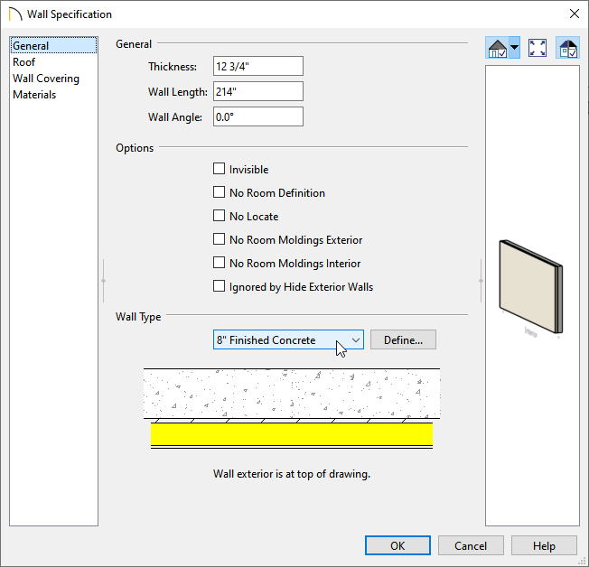 Specifying the newly created wall type to be used in the Wall Specification dialog